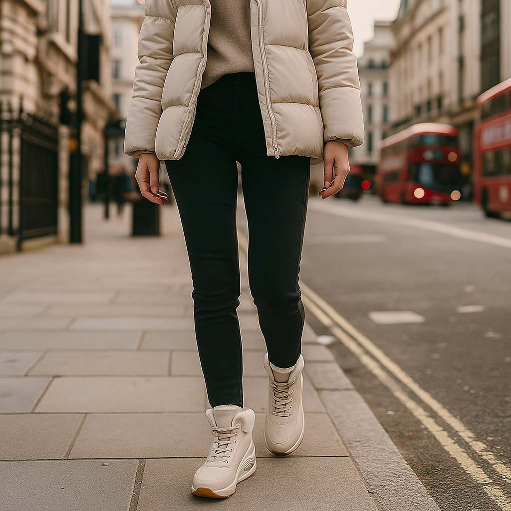 High-top sneaker with faux fur lining, lace-up front, and cushioned air sole.
