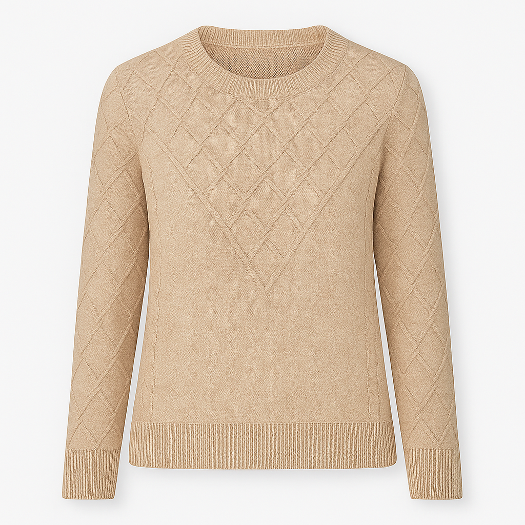 Knit sweater with diamond pattern design, crew neckline, and ribbed cuffs and hem.