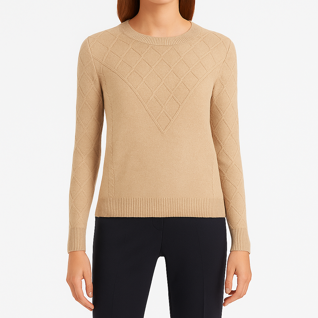 Knit sweater with diamond pattern design, crew neckline, and ribbed cuffs and hem.
