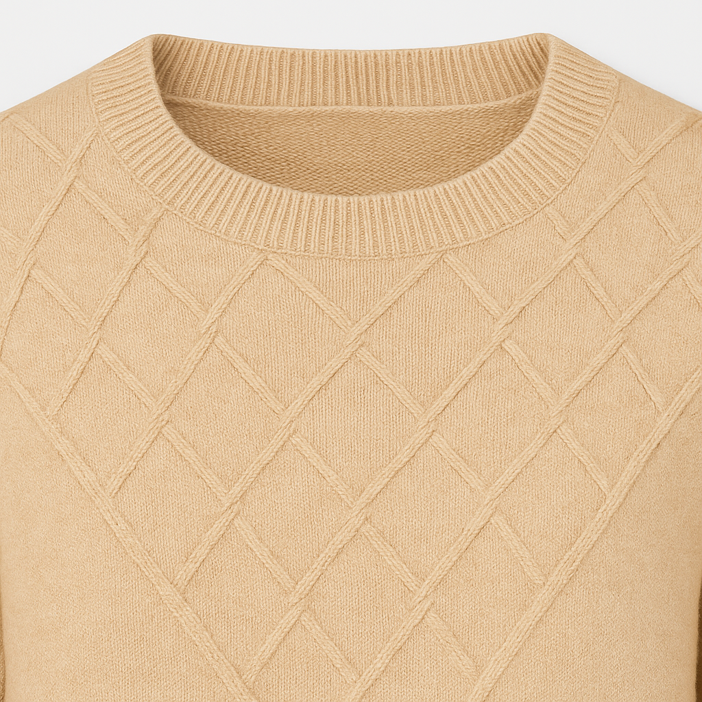 Knit sweater with diamond pattern design, crew neckline, and ribbed cuffs and hem.