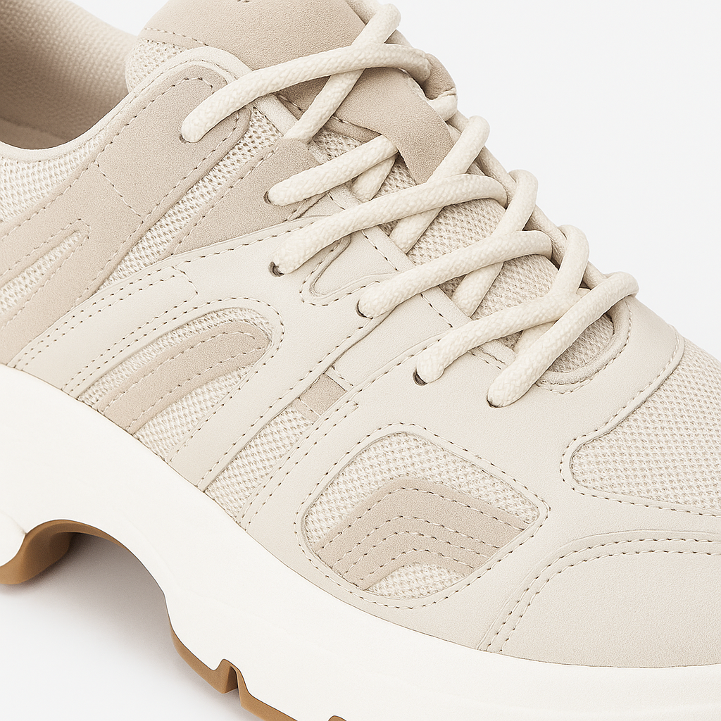 Chunky sneaker with lace-up closure, mesh panels, and thick textured sole.