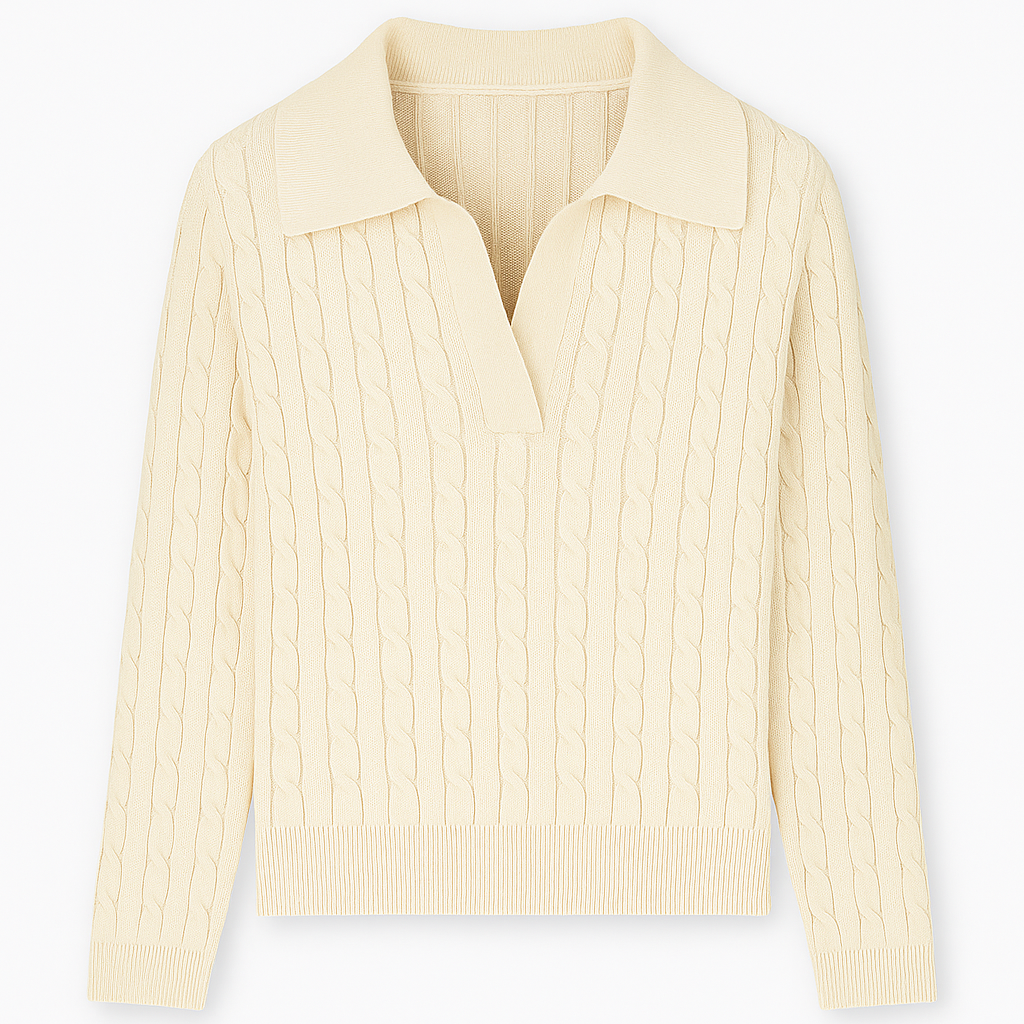 Cable-knit sweater with open collar neckline, long sleeves, and ribbed hems.