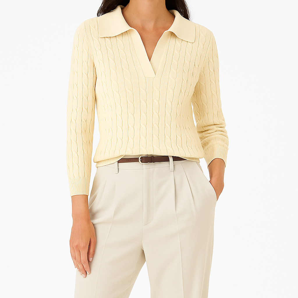 Cable-knit sweater with open collar neckline, long sleeves, and ribbed hems.