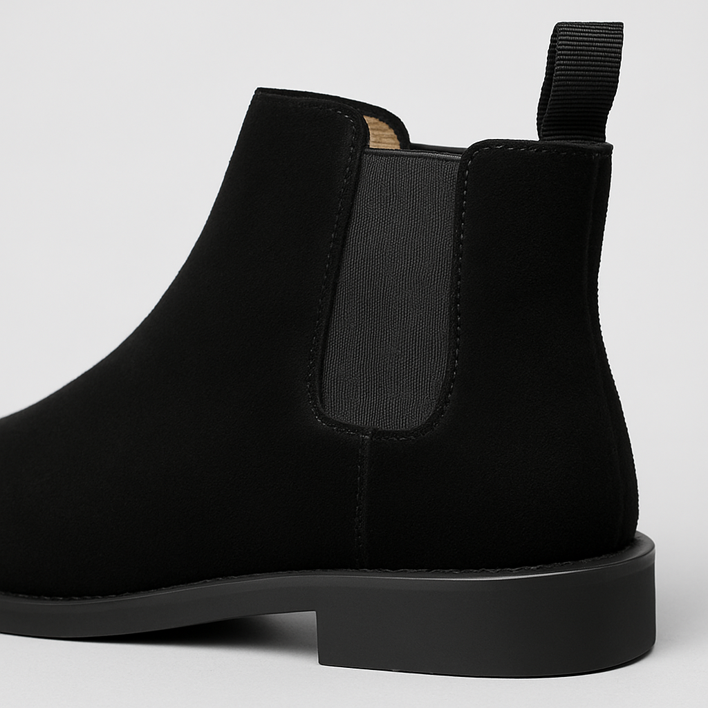 Suede Chelsea boot with elastic side panels, pull tab, and low heel design.